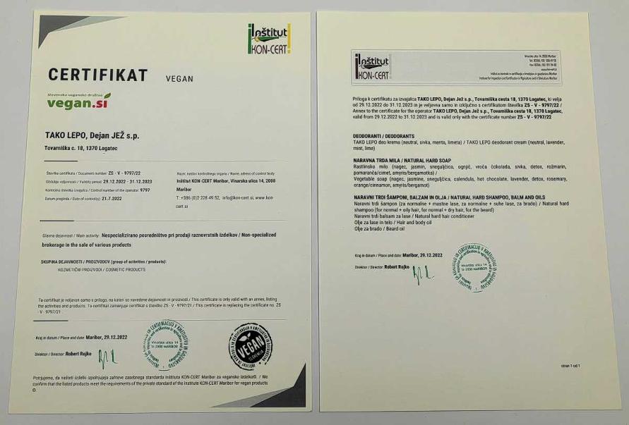 Certifikat veganske kozmetike z bio sestavinami Različna veganska kozmetika, mila, deodoranti v kremi, trdi šamponi