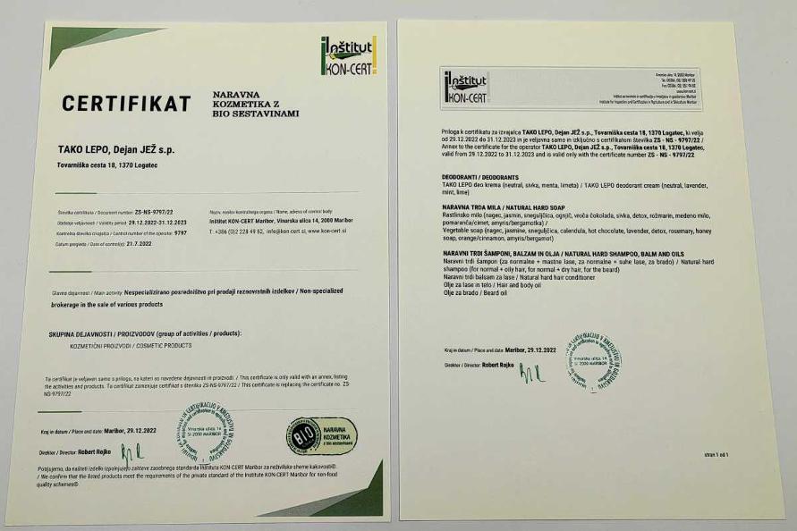Certifikat naravne kozmetike z bio sestavinami Certifikat ekoloških mil, deodorantov, šamponov